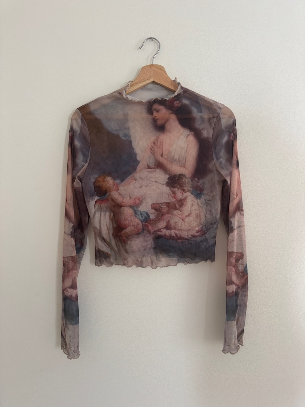 Angel Print Mesh Long Sleeve Top - Beige Multi